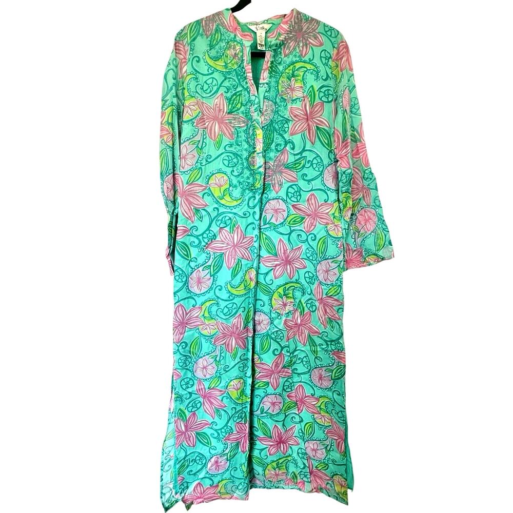 Vintage Lilly Pulitzer (M) Teal Kaftan Maxi Dress / Resortcore Coverup Preppy
